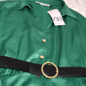 Zara Emerald Green Shirt Dress with Black Belt